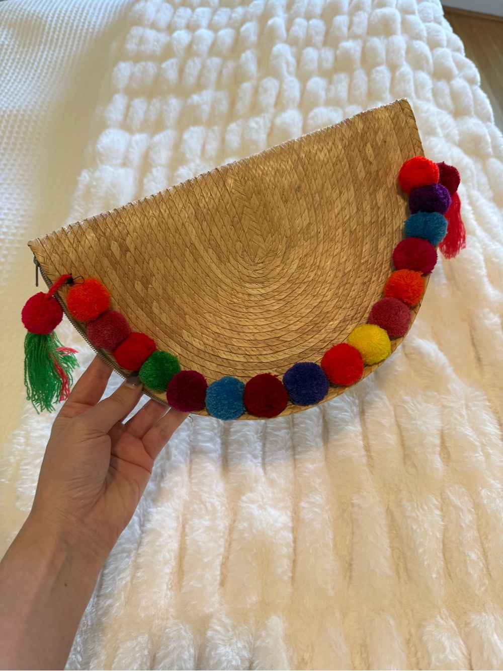 Boho-Style Straw Half-Moon Clutch with Colorful Pom-Pom Trim